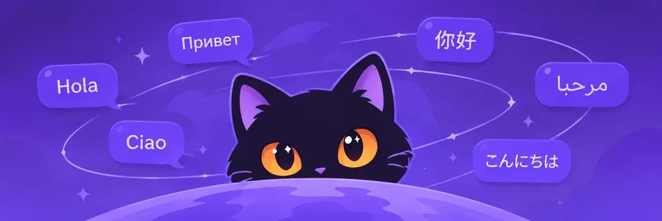 Mira, a black kitten with orange eyes, peeking over a purple moon while greetings in six languages float around her: Hola, Привет, Ciao, 你好, مرحبا, こんにちは.